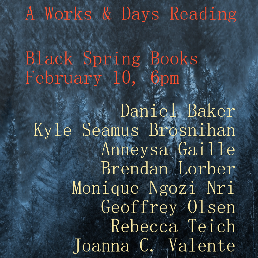 A Works & Days Reading Black Spring Books February 10,
                6pm, Daniel Baker, Kyle Seamus Brosnihan, Anneysa Gaille,
                Brendan Lorber, Monique Ngozi Nri, Geoffrey Olsen, Rebecca
                Teich, & Joanna C. Valente